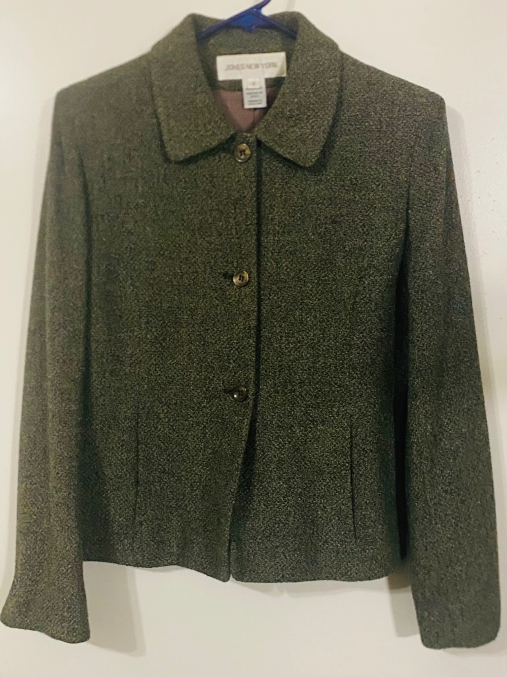 JONES NEW YORK WOMENS BLAZER/JACKET 3 BUTTON WOOL BLEND SZ 6 GREEN/BLACK MOTTLED
